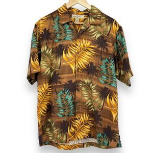 Vtg. Tommy Bahama 100% Silk Button Up Brown Palm Print Hawaiian Shirt Men's S